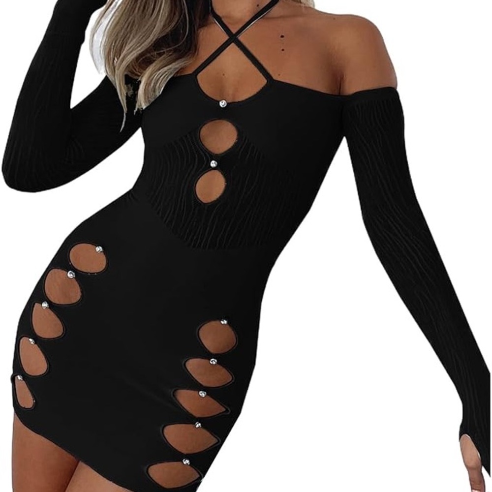 Women Cut Out Bodycon Mini Dress Long Sleeve Night Party Club E Girl Streetwear - Picture 2 of 5